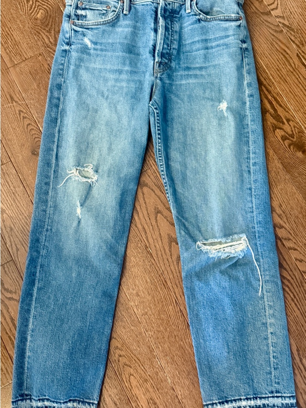 MOTHER High-Rise Distressed Straight Jeans - Light Blue